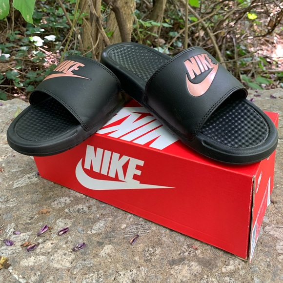 red gold nike slides